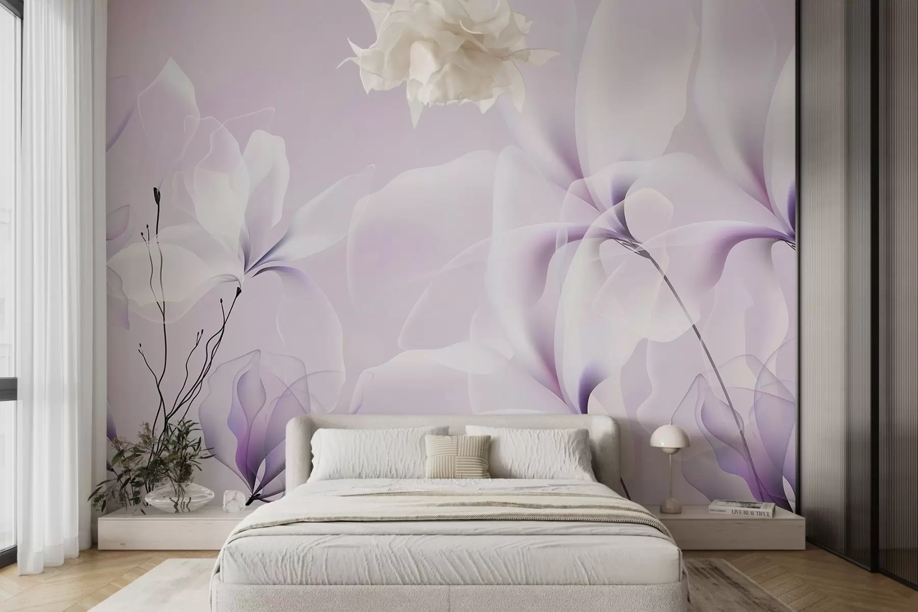 murales de pared flores grandes translúcidas sobre fondo rosa w02092