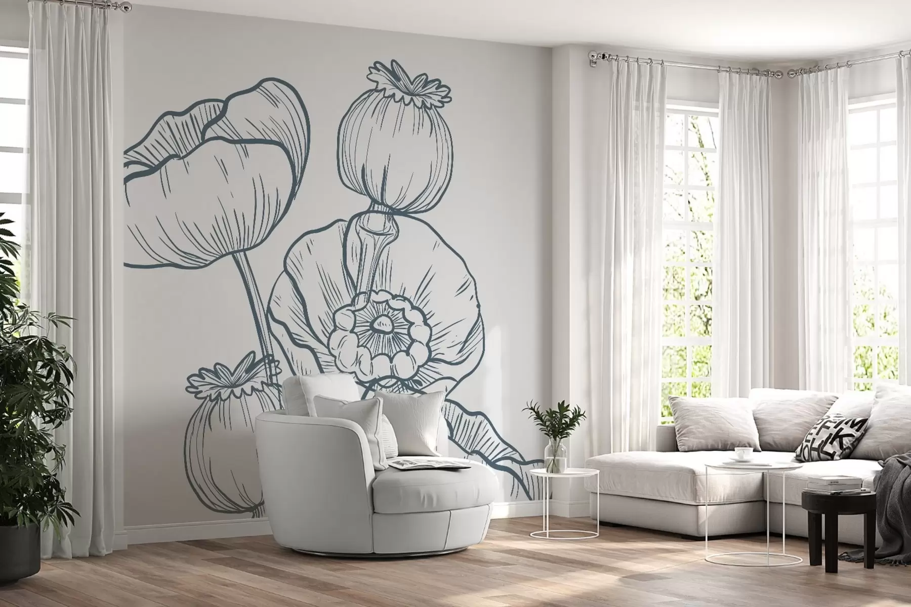 murales de pared Amapola flor azul, líneas,Amapola w02100