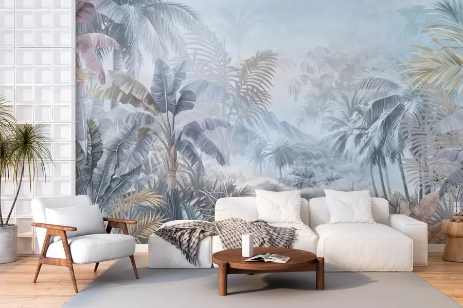 murales de pared Selva tropical en suaves tonos azules w01931