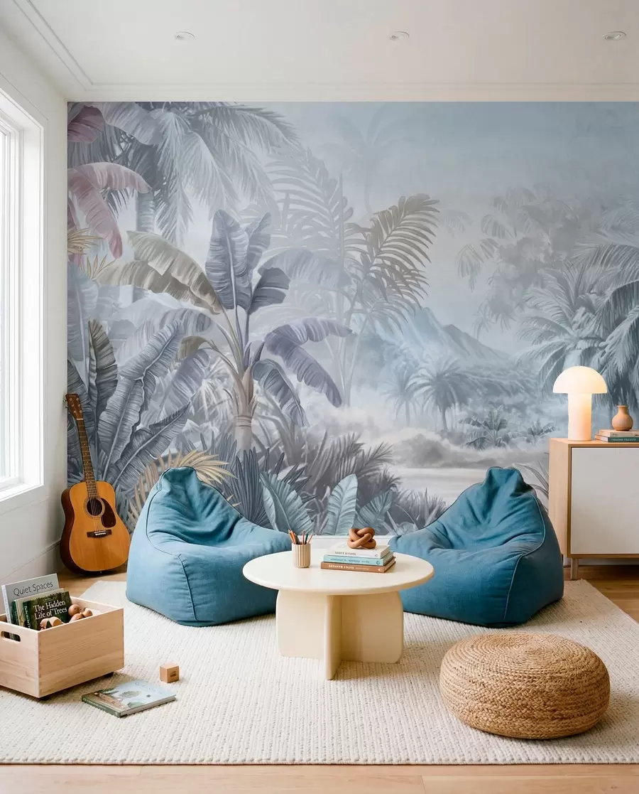 murales de pared Selva tropical en suaves tonos azules w01931