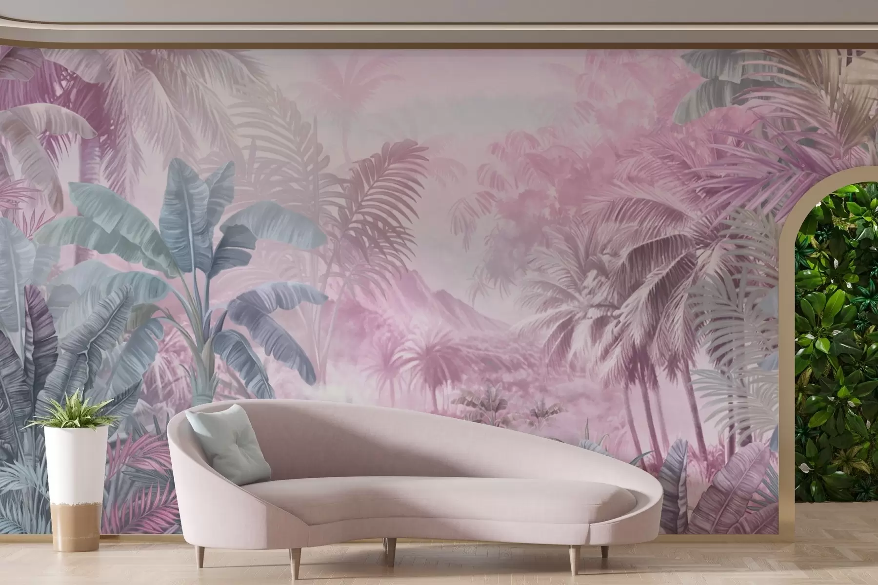 murales de pared Selva tropical en suaves tonos rosados w01931v3