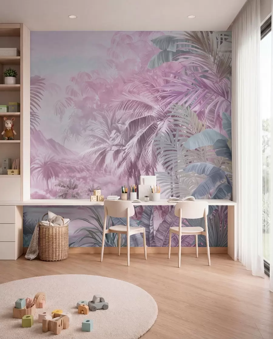 murales de pared Selva tropical en suaves tonos rosados w01931v3