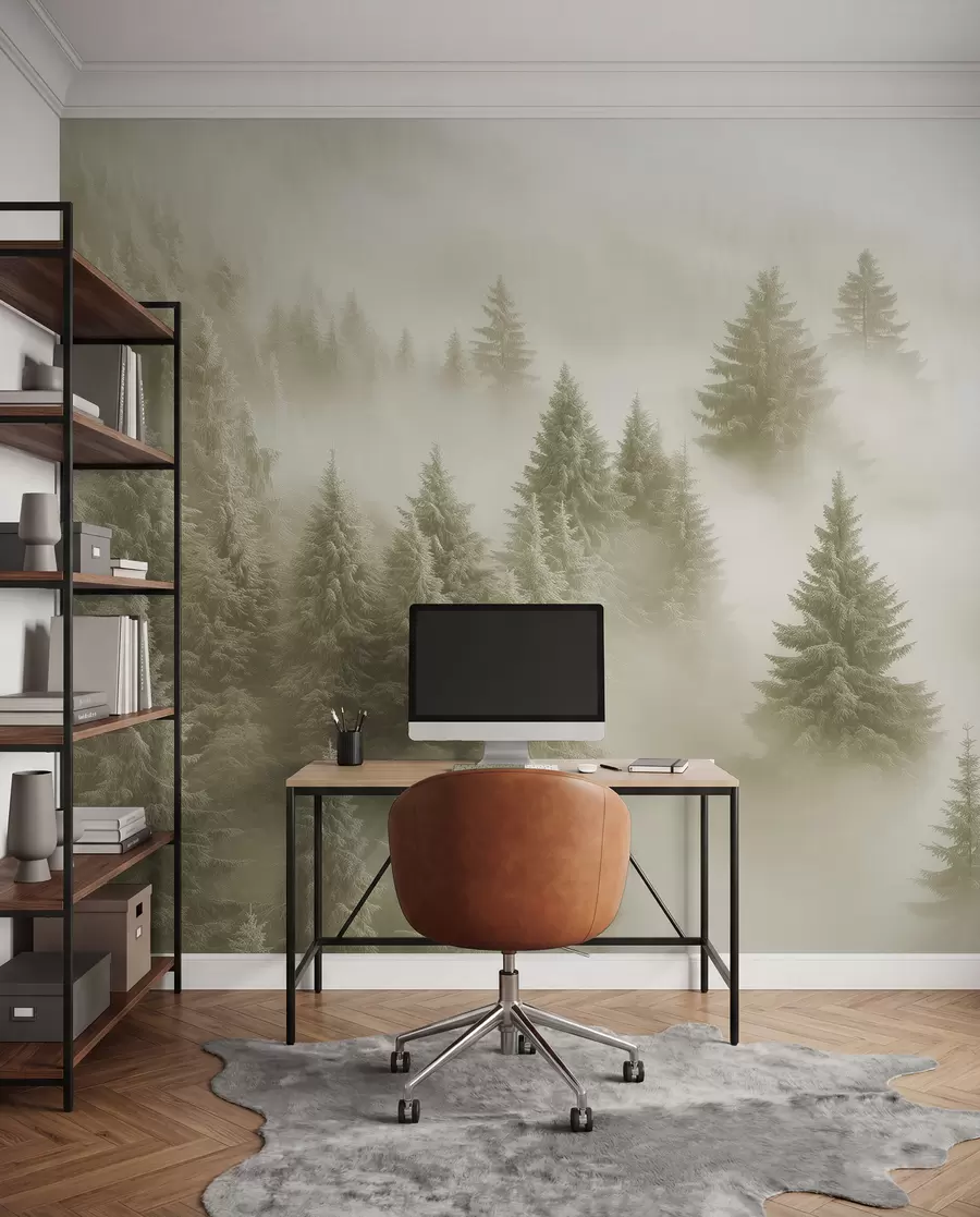 murales de pared Coníferas en niebla oliva w02064v2