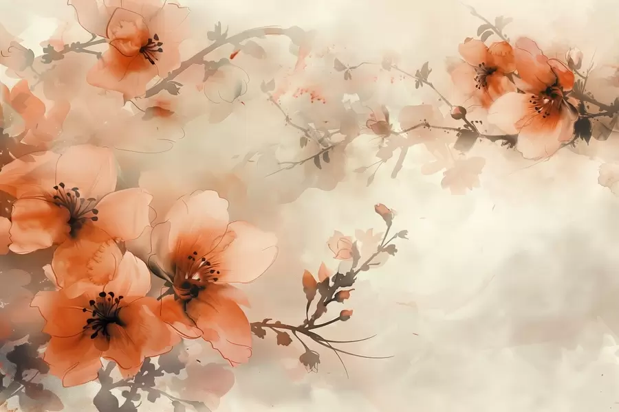 murales de pared Composición en acuarela de flores en cálidos tonos melocotón y naranja w02068