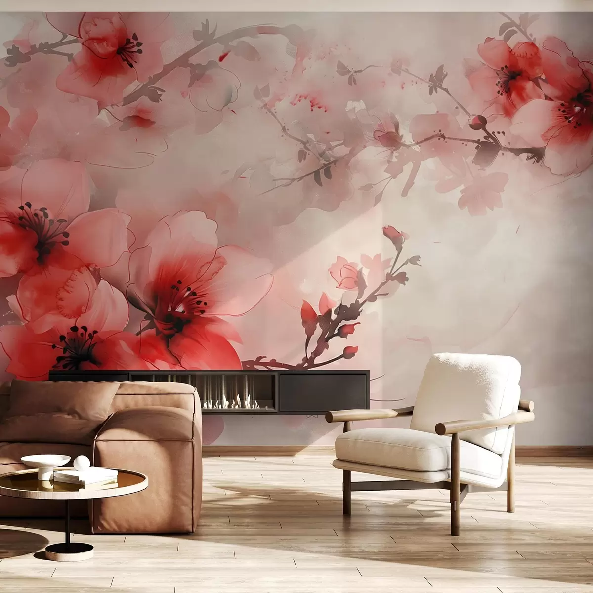 murales de pared Composición en acuarela de flores rojas sobre ramas oscuras w02068v2