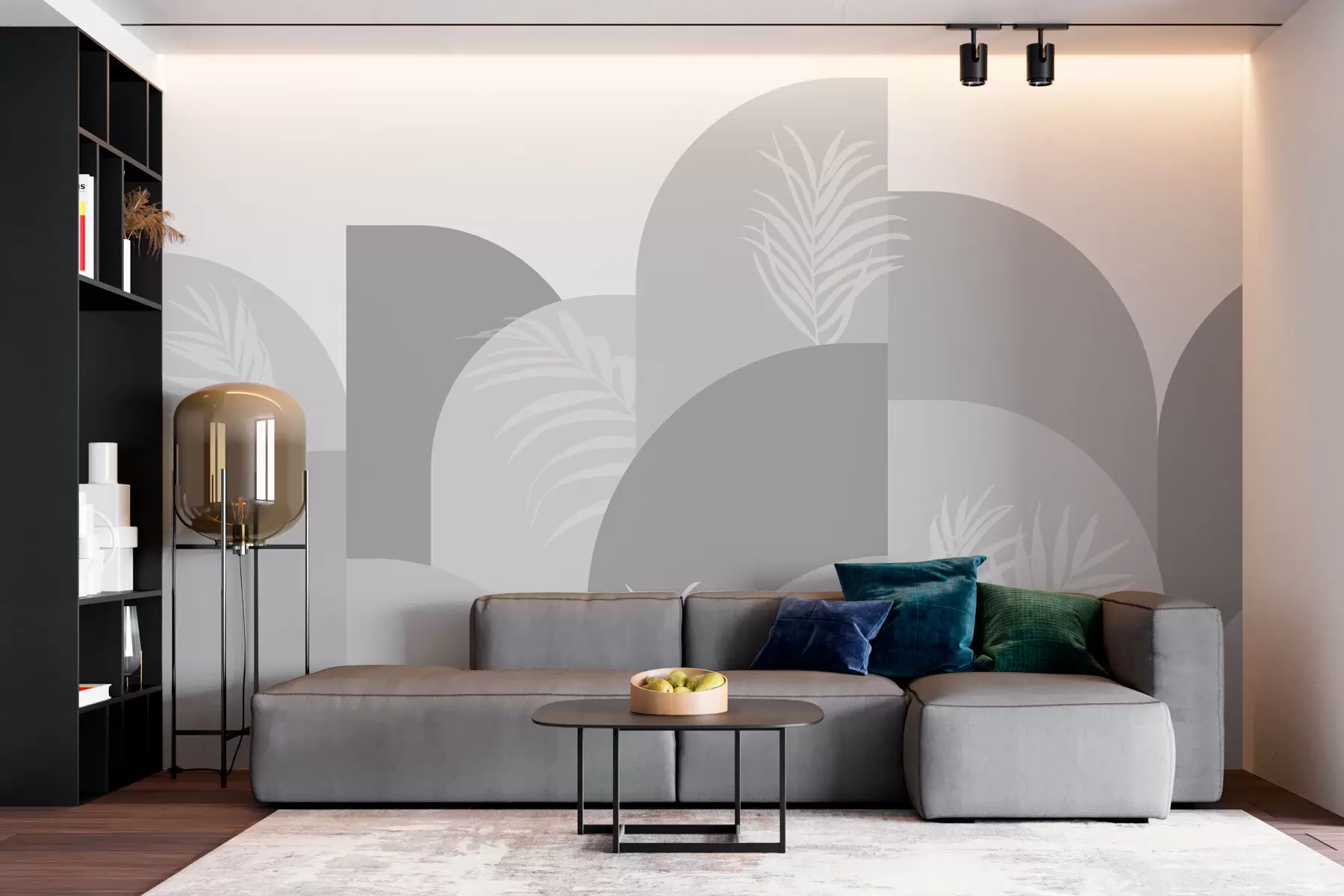 murales de pared Arcos de moda con hojas tropicales color gris w02101v2