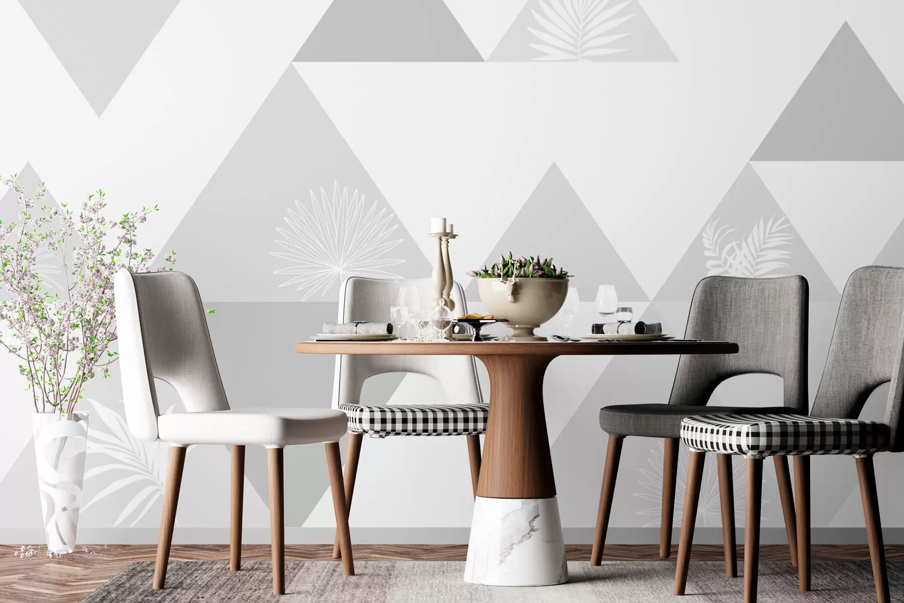 murales de pared Elegantes triángulos con hojas de color gris w02106v2