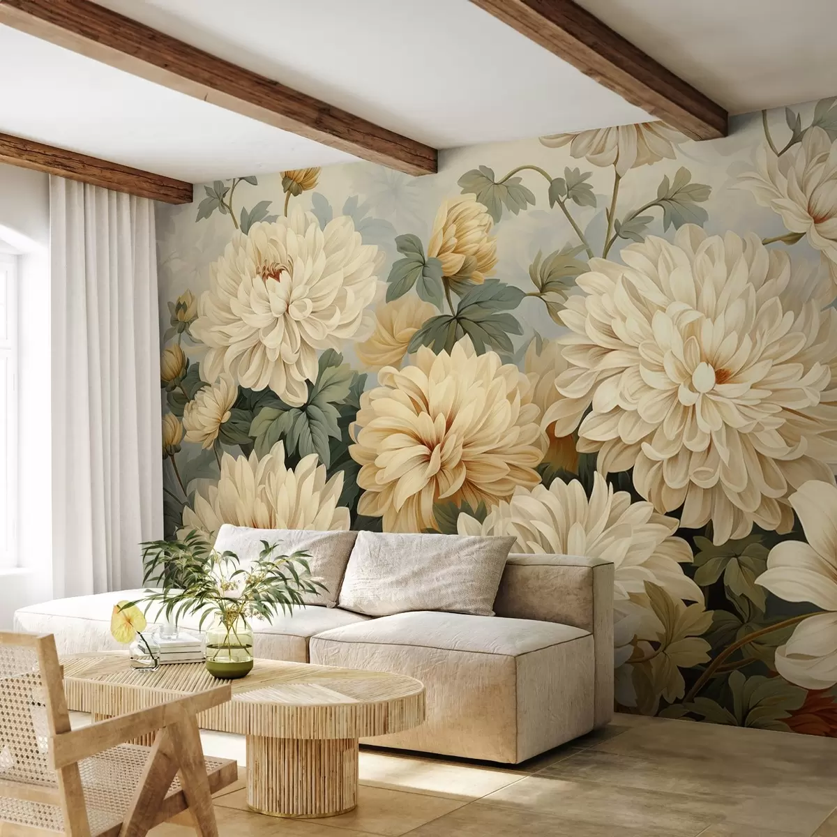 murales de pared Crisantemos blancos estilo vintage w02176