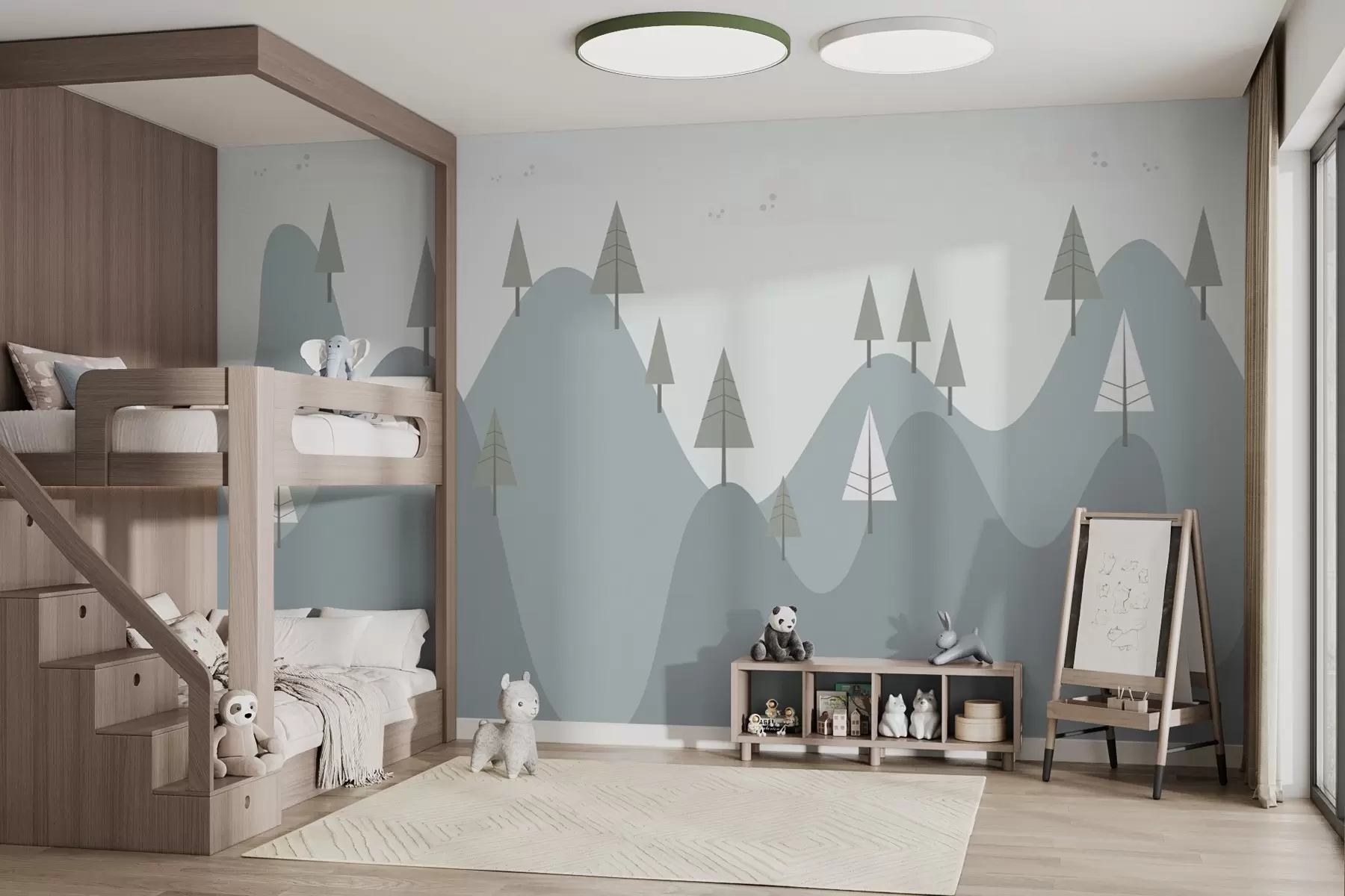 murales de pared se pintan montañas verdes y abetos sobre ellas w02198