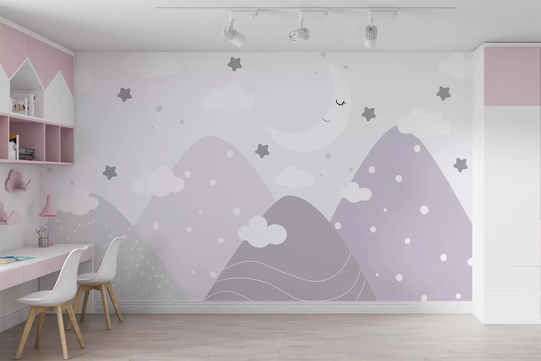murales de pared montañas rosas, nubes y una luna w02199