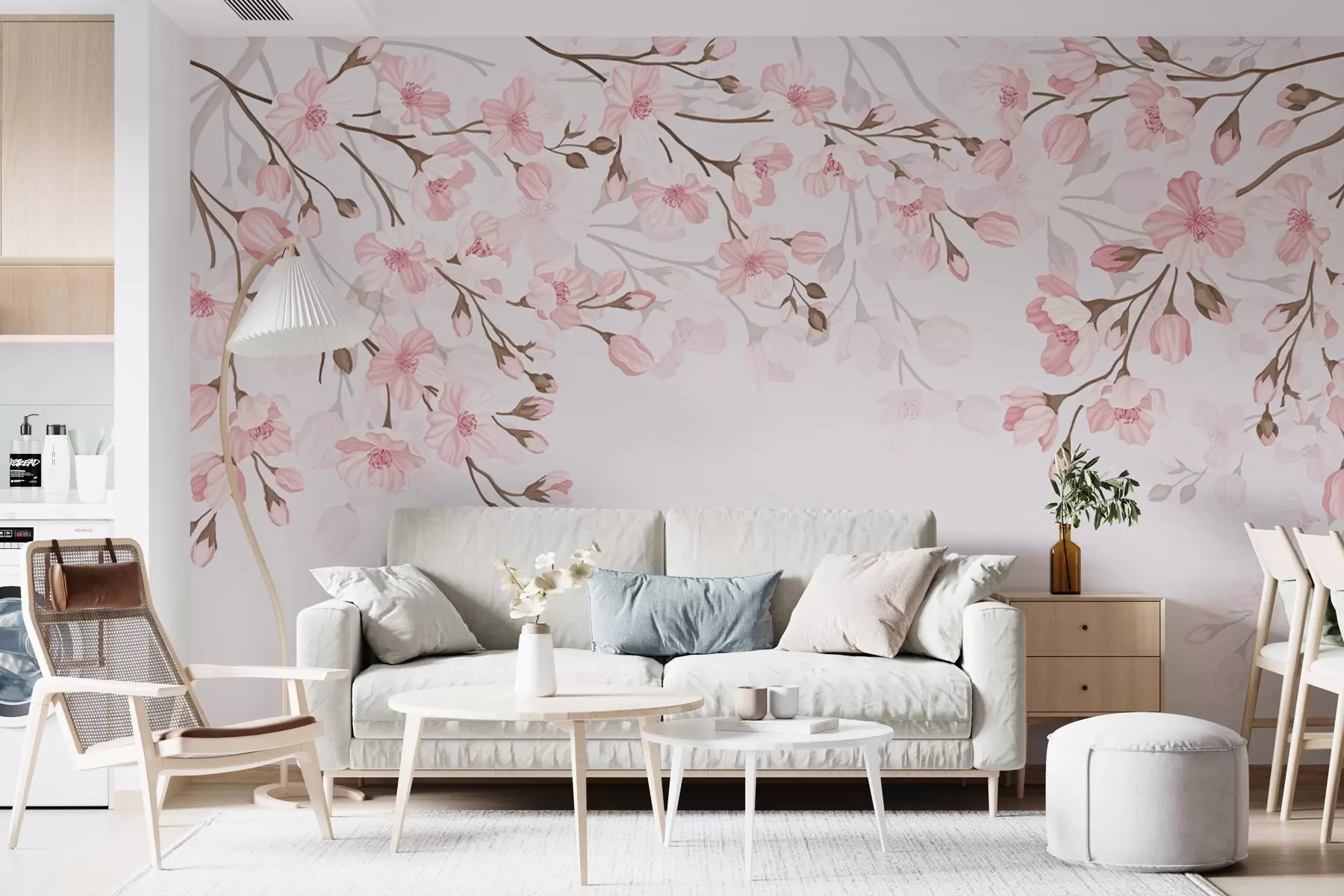 murales de pared ramas con flores rosas sobre fondo rosa w02200