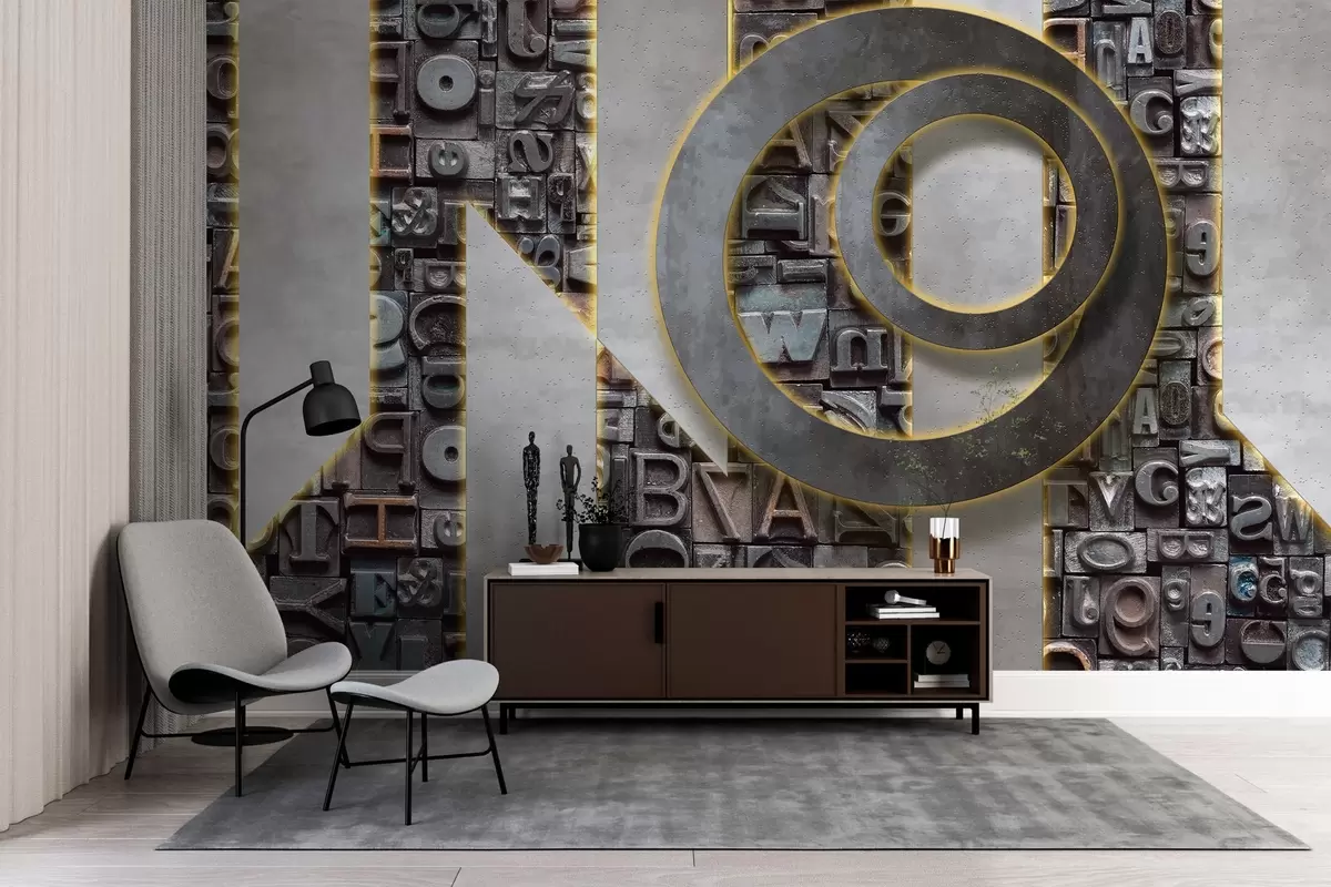 murales de pared Papel pintado moderno estilo loft con imitación de letras tridimensionales, hormigón y retroiluminación w02125