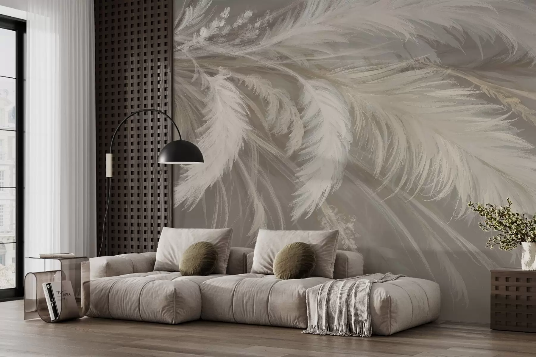 murales de pared Suaves y esponjosas plumas blancas y flores secas sobre un fondo neutro beige pastel w08403