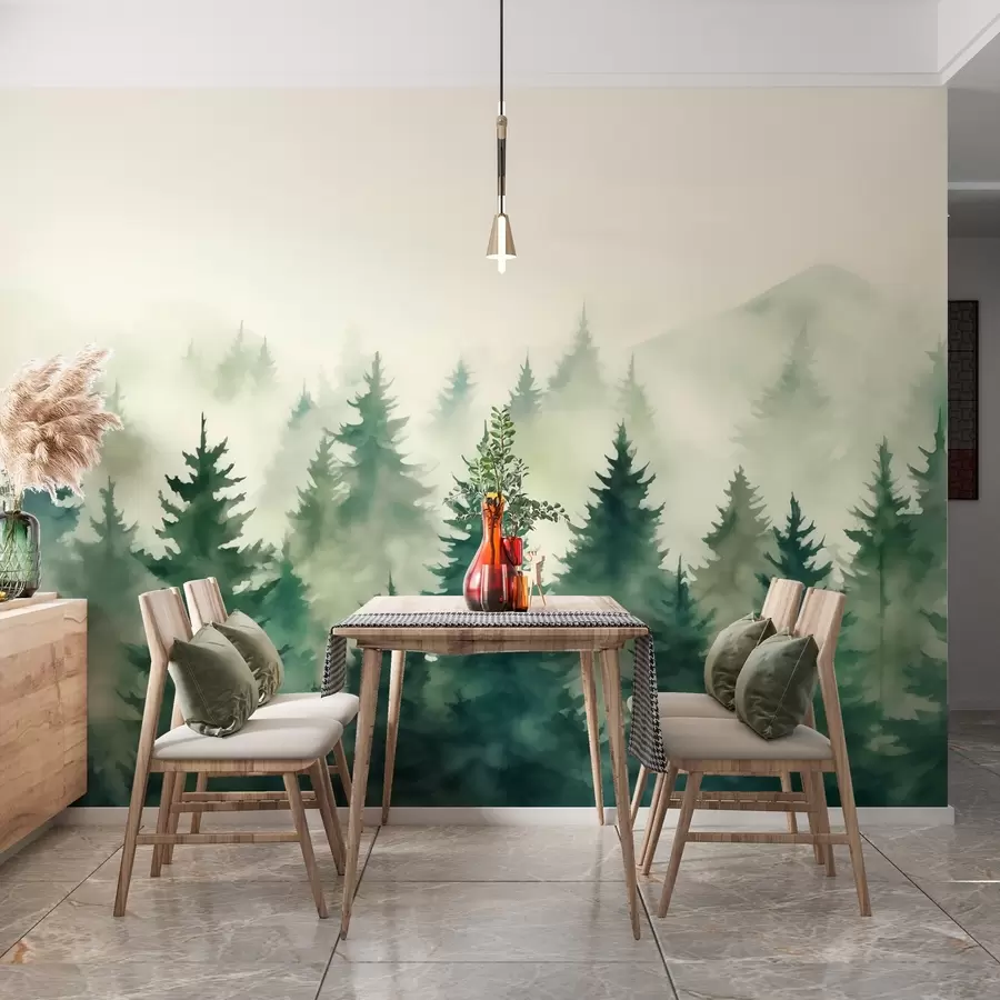 murales de pared Bosque brumoso en suaves tonos verdes w02161