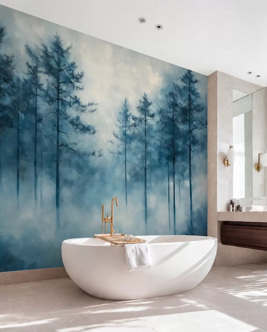 murales de pared Bosque místico, pinos, niebla, pintura acrílica, colores azul oscuro w02149