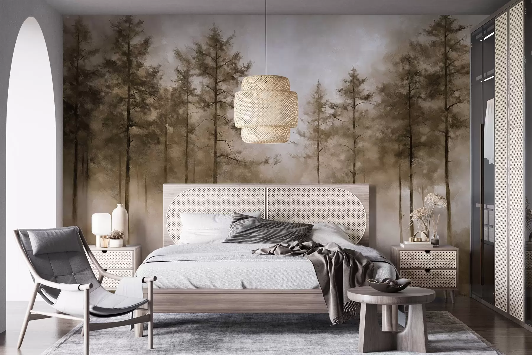 murales de pared Bosque místico, pinos, niebla, pintura acrílica, colores beige w02149v1