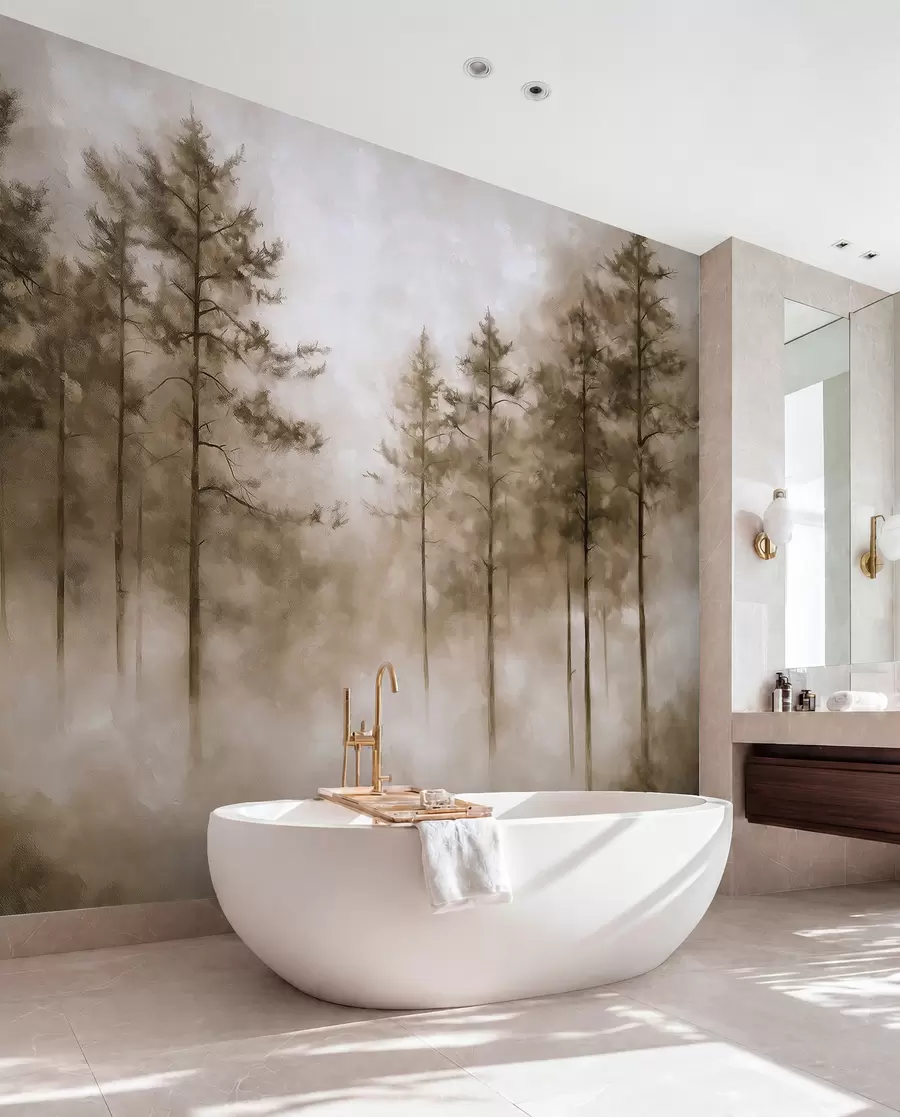 murales de pared Bosque místico, pinos, niebla, pintura acrílica, colores beige w02149v1