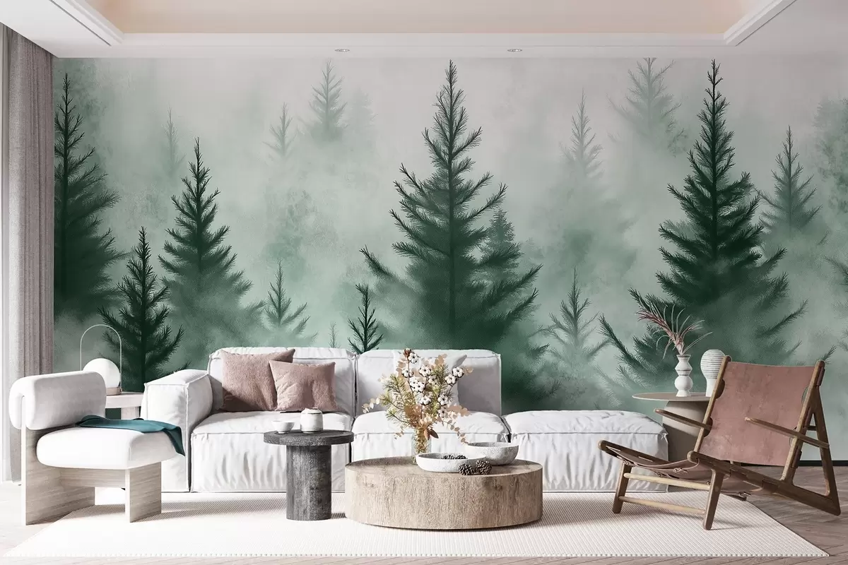 murales de pared Bosque en la niebla, pinos, acuarela, colores verdes w02152v1