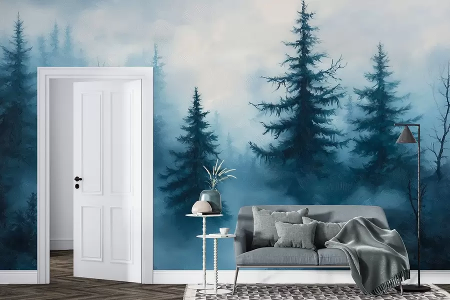 murales de pared Bosque azul oscuro, pintura al óleo, pinceladas, naturaleza w02153