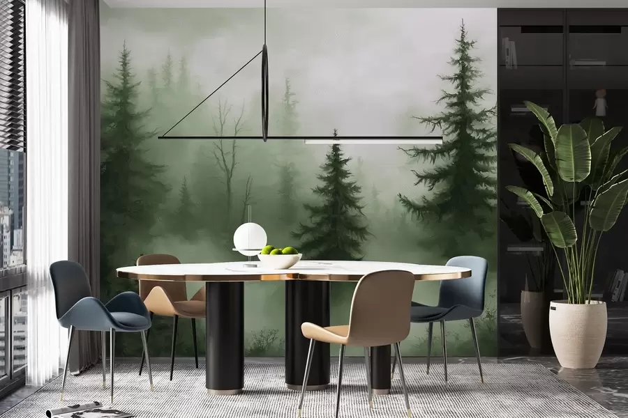 murales de pared Bosque verde oscuro, pintura al óleo, pinceladas, naturaleza w02153v1