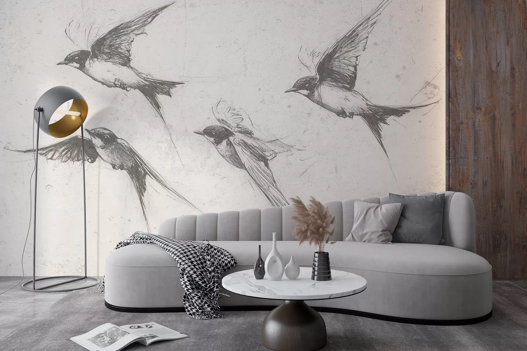 murales de pared Pájaros voladores, dibujo a tinta, minimalismo, colores grises w02155