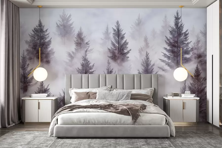 murales de pared Hermoso bosque con pinos, niebla, paisajes de naturaleza, colores púrpura w02222v1