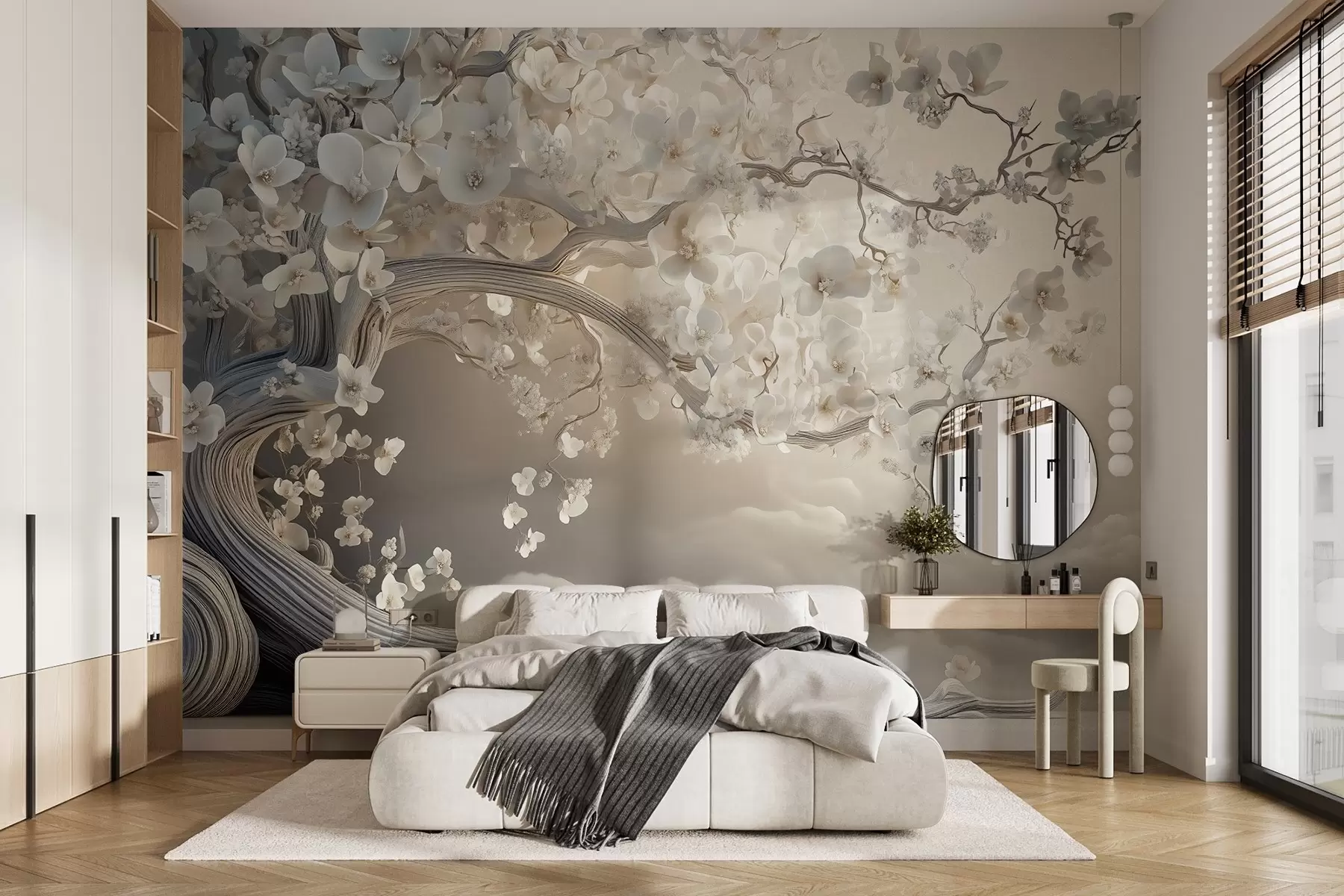 murales de pared Un árbol encantador con flores blancas contra el fondo de nubes en un estilo interesante en delicados colores cálidos w02133
