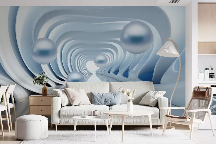 murales de pared Papel pintado futurista con una panorámica del túnel en perspectiva y perlas voladoras w02134