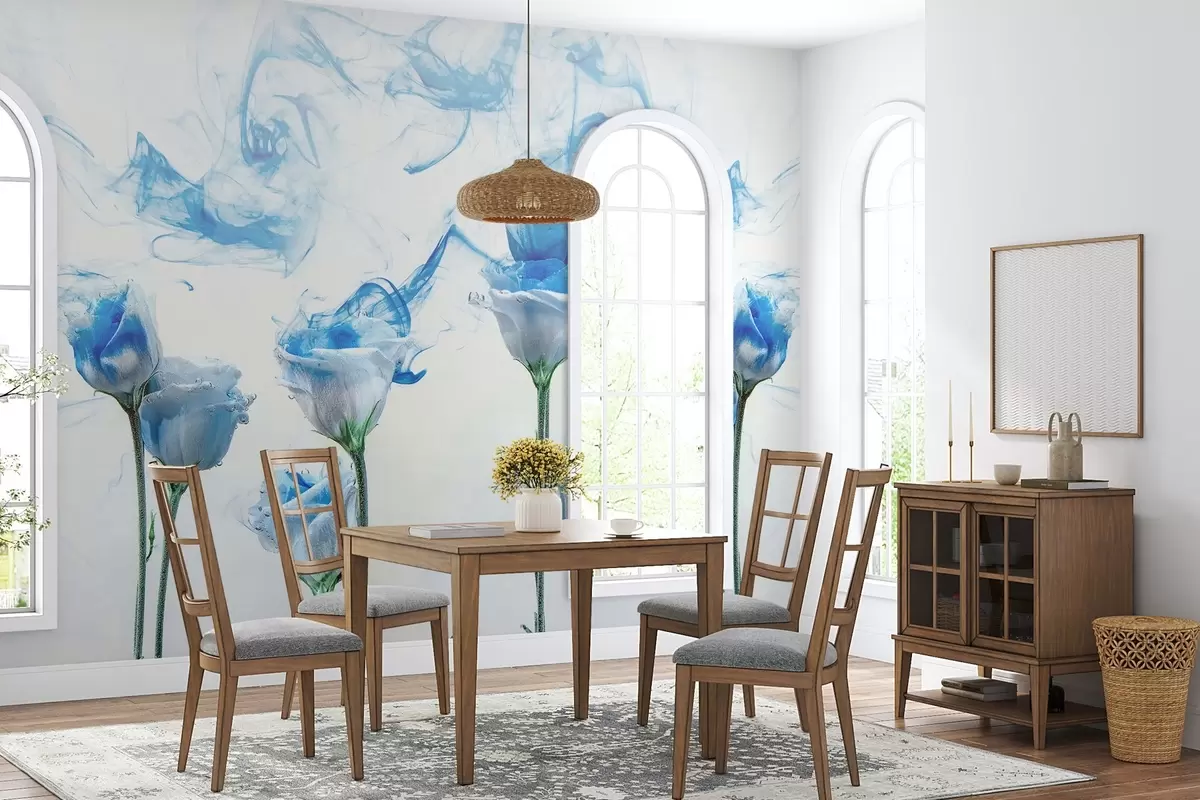 murales de pared Rosas blancas bajo el agua sobre fondo blanco con vetas de pintura acrílica azul. w02139