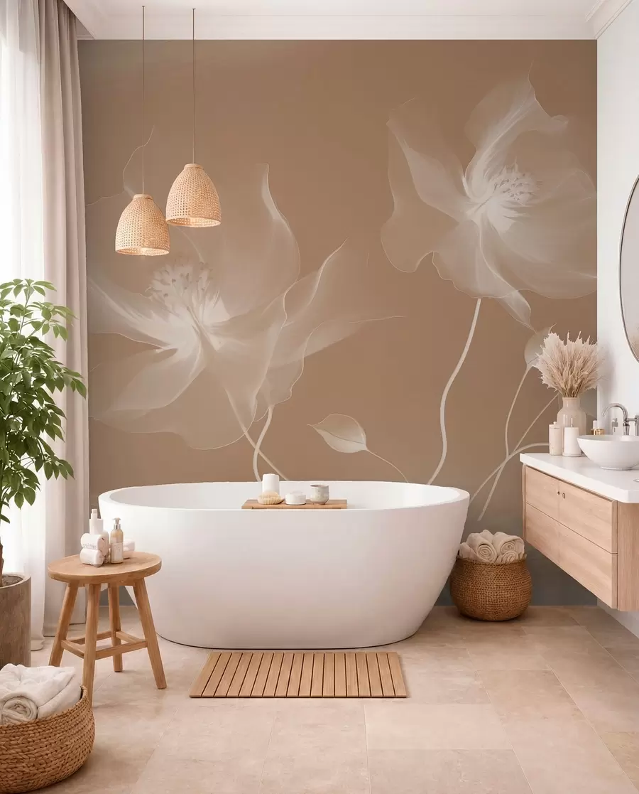 murales de pared Tres graciosas flores de pétalos translúcidos, entrelazadas con cintas de luz y viento en sepia w01932v1