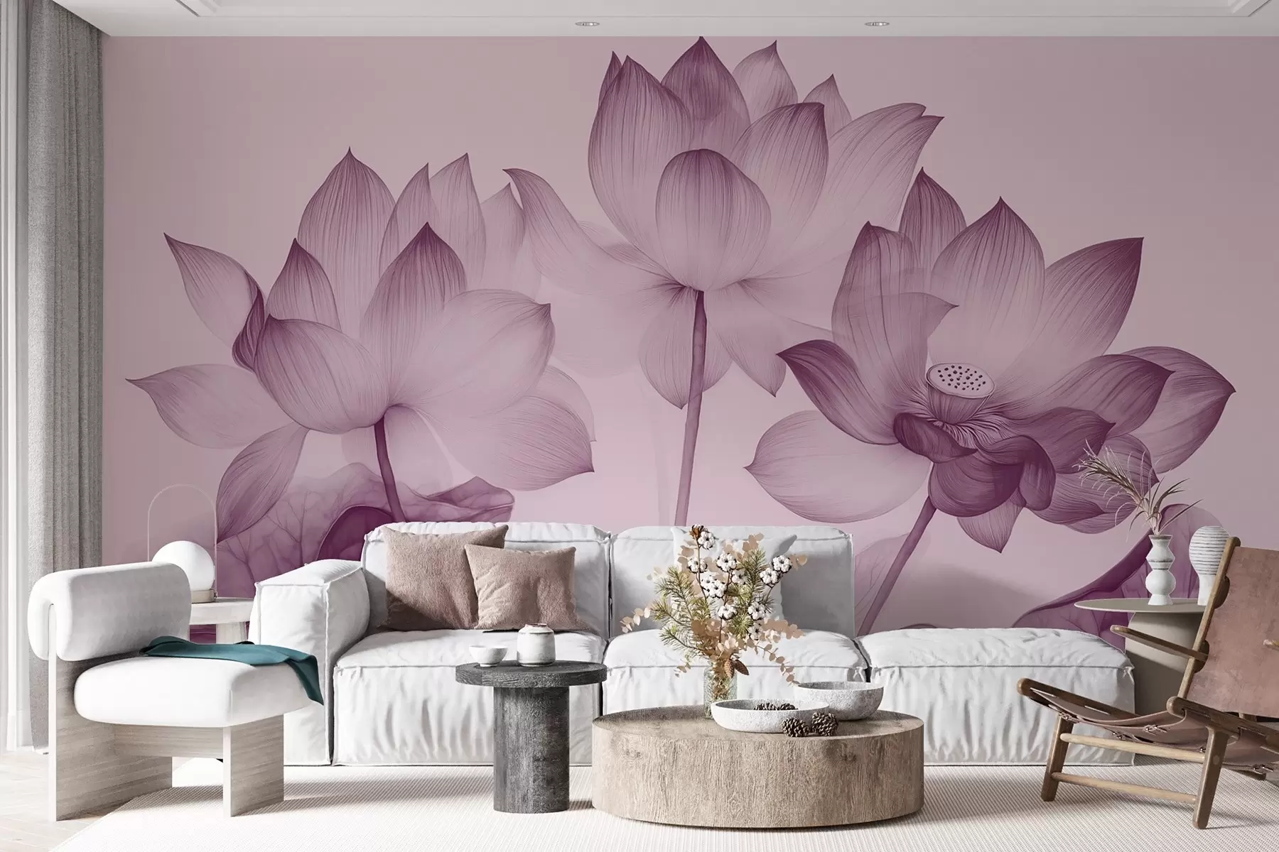 murales de pared Tres lotos con hojas al estilo de la pintura china en color púrpura w02146v1