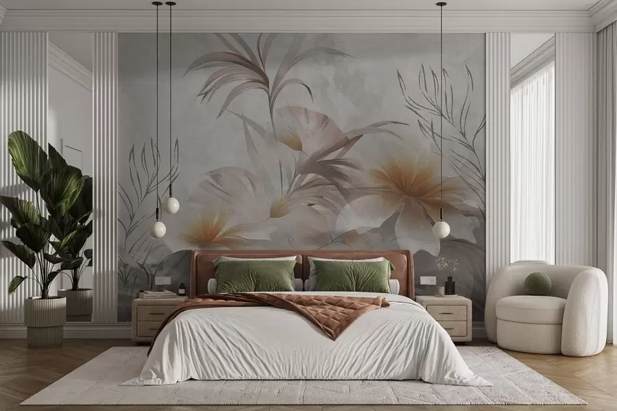 murales de pared Flores de color beige claro sobre un fondo abstracto w01890