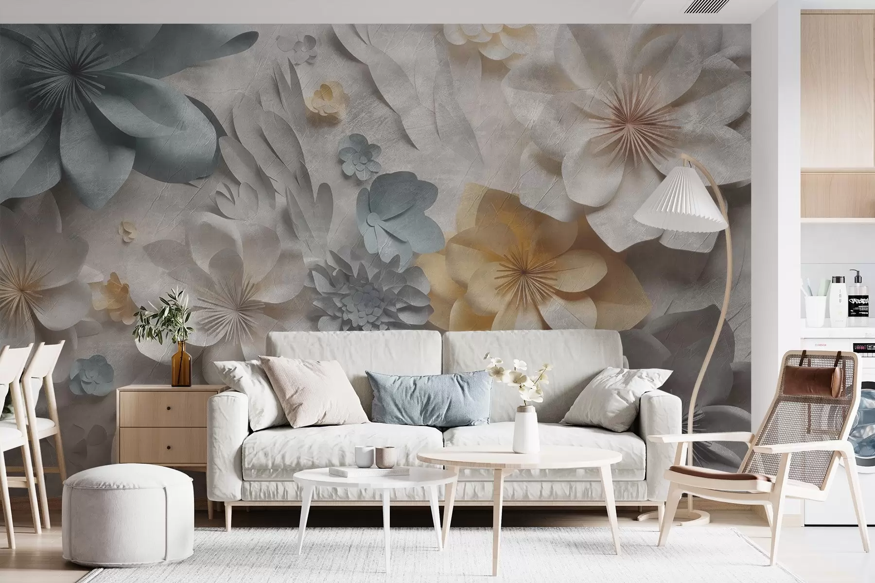 murales de pared Flores volumétricas sobre fondo gris claro w01892