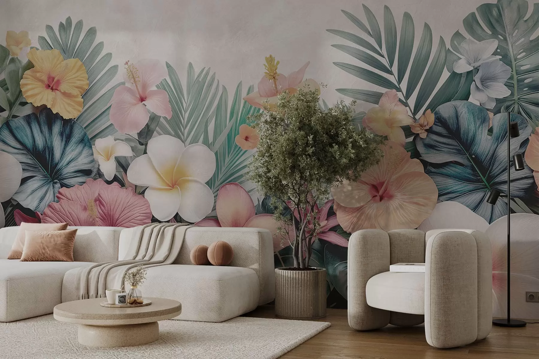 murales de pared Variedad de flores en hojas tropicales w01897