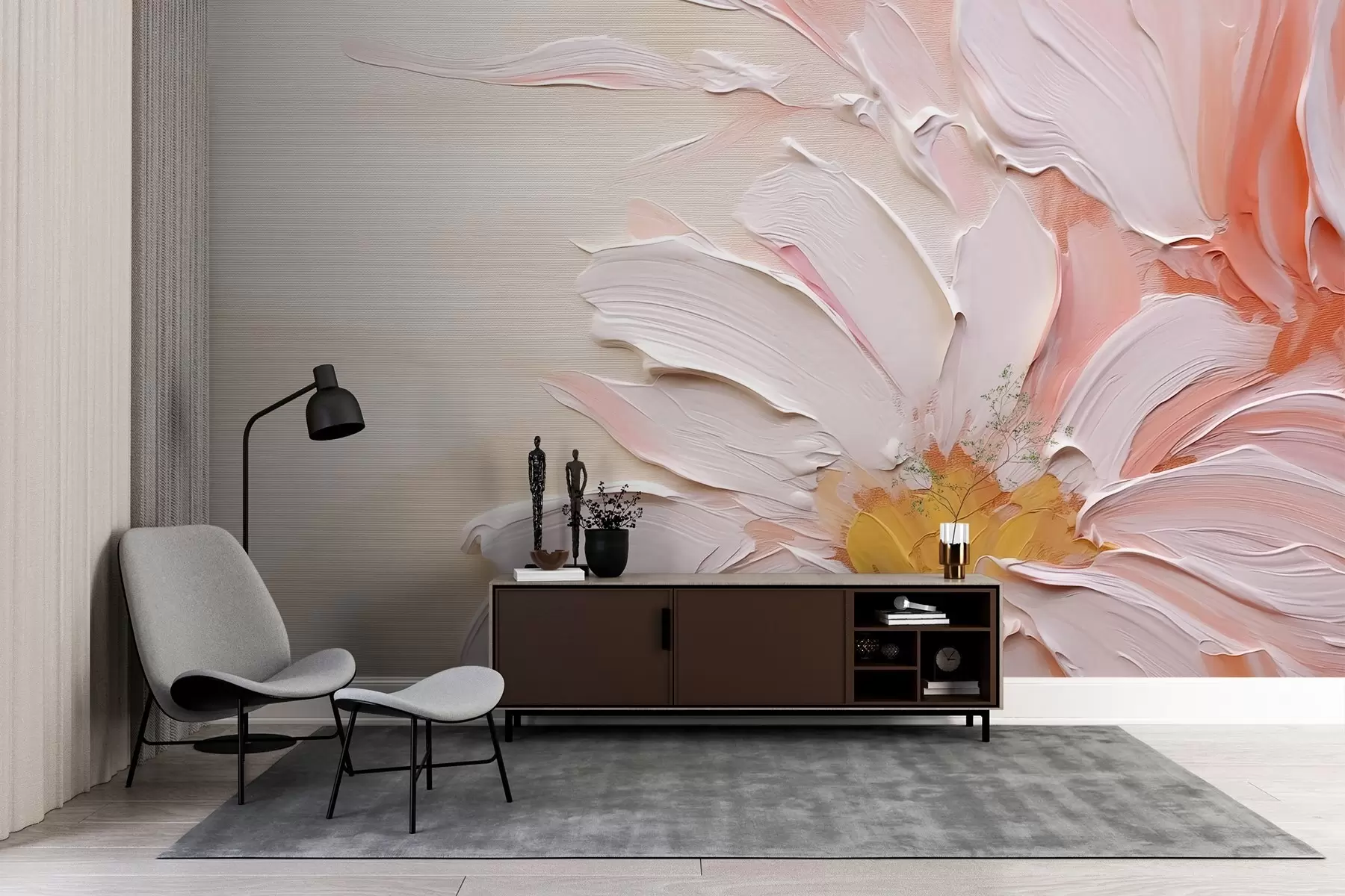 murales de pared Flor blanca rosa grande, imitación de pinceladas, fondo texturizado w02228