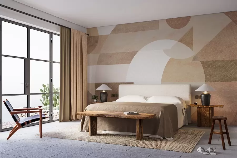 murales de pared Geometría moderna con formas abstractas, detalles texturizados en tonos beige y marrón w02140