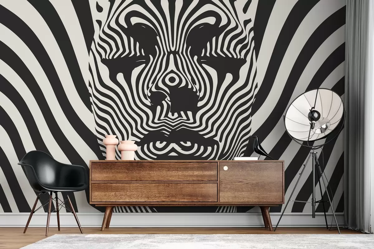 murales de pared Op art estilo enrejado con la cara abstracta, líneas onduladas sobre fondo de color claro. w02285