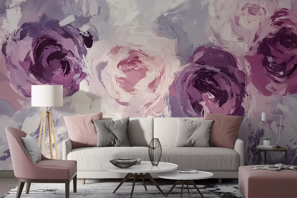 murales de pared El papel pintado es una imitación de la pintura al óleo, con grandes flores de rosa difuminadas en tonos pastel.  w02288