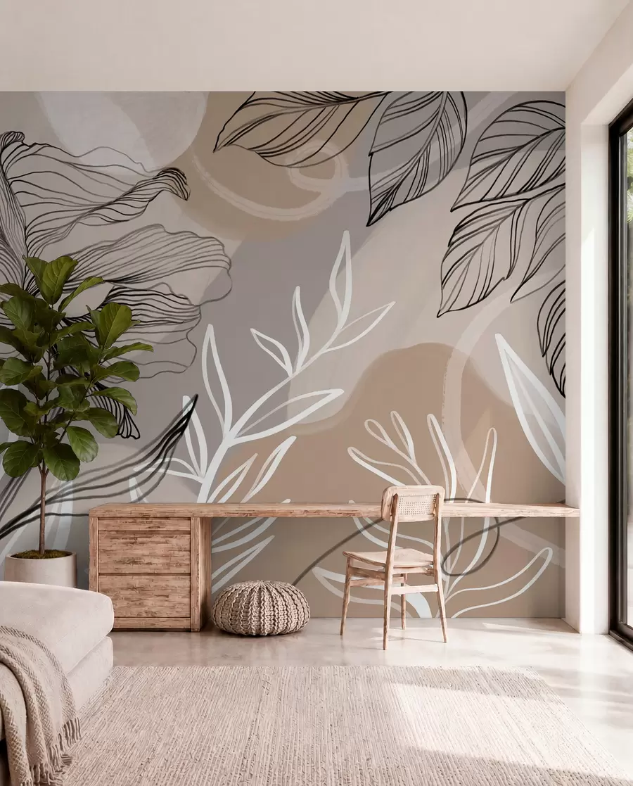 murales de pared Elegante estampado floral con grandes flores y hojas de líneas abstractas en tonos grises y beige sobre fondo claro w08413