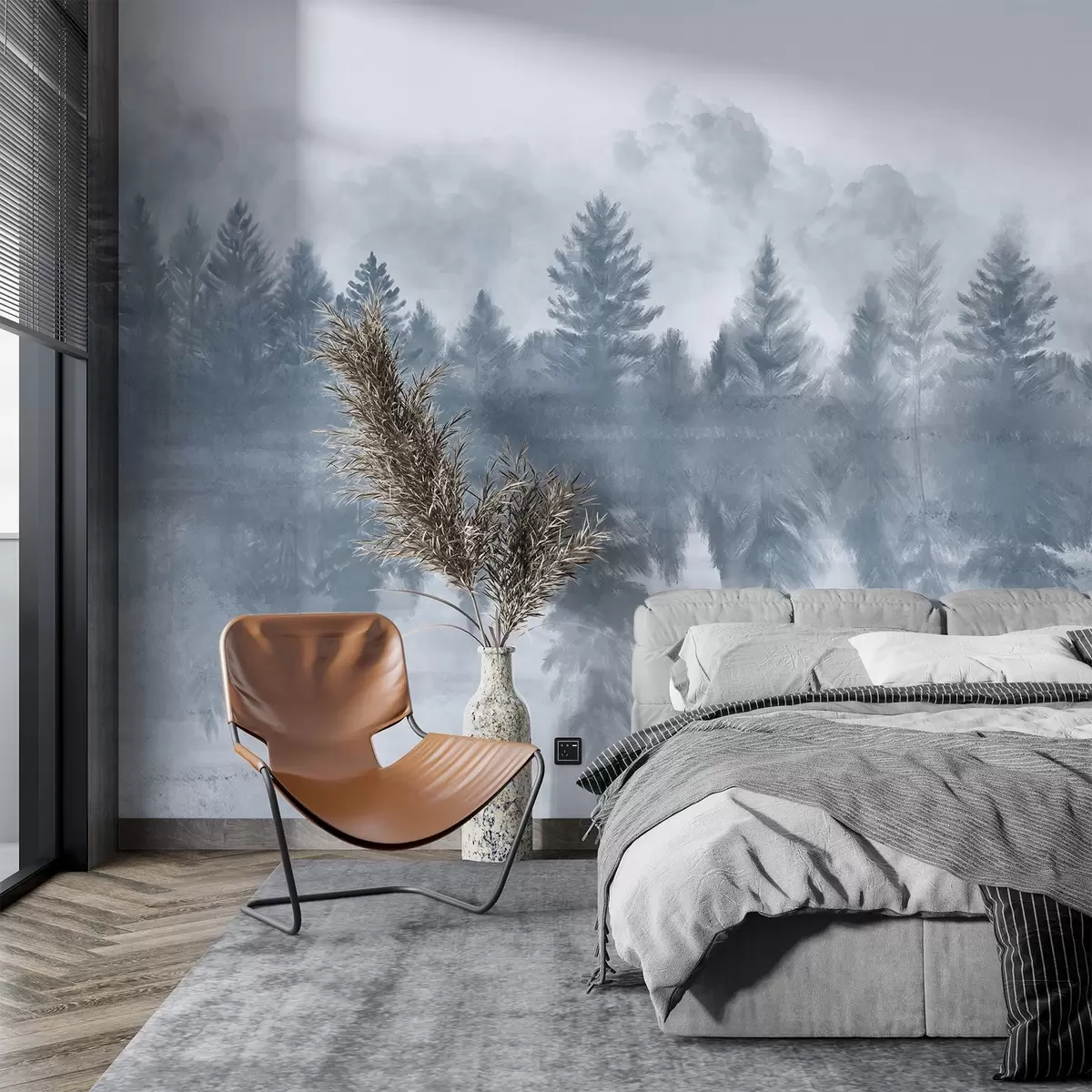 murales de pared Un paisaje sereno con un lago helado rodeado de un denso pinar, con una atmósfera brumosa y neblinosa w08415