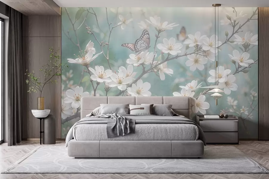 murales de pared Una mariposa blanca sobre una rama con delicadas flores blancas de cerezo en primer plano sobre un fondo difuminado w08421