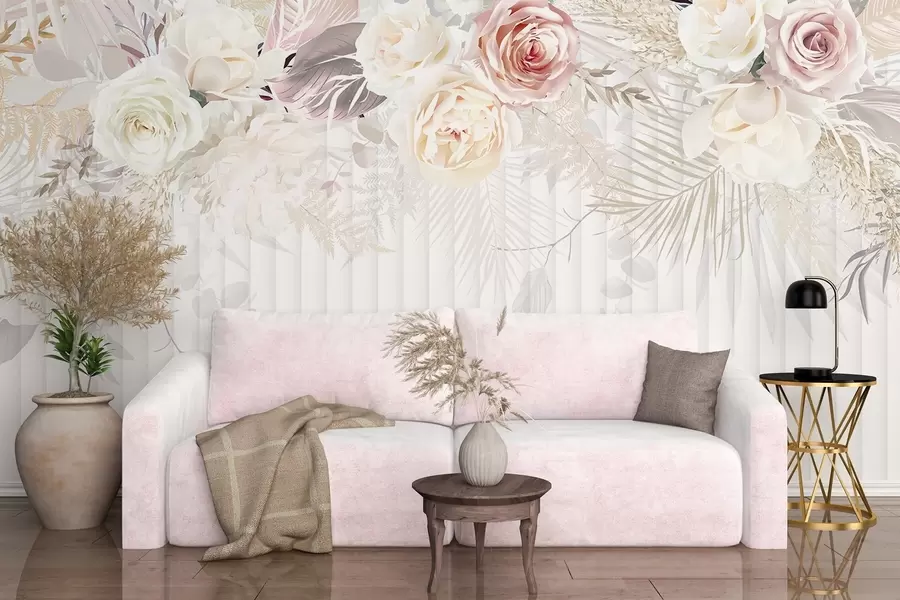 murales de pared Arreglo floral con rosas rosas y blancas, hojas de palmera y otros follajes tropicales sobre fondo blanco w08425