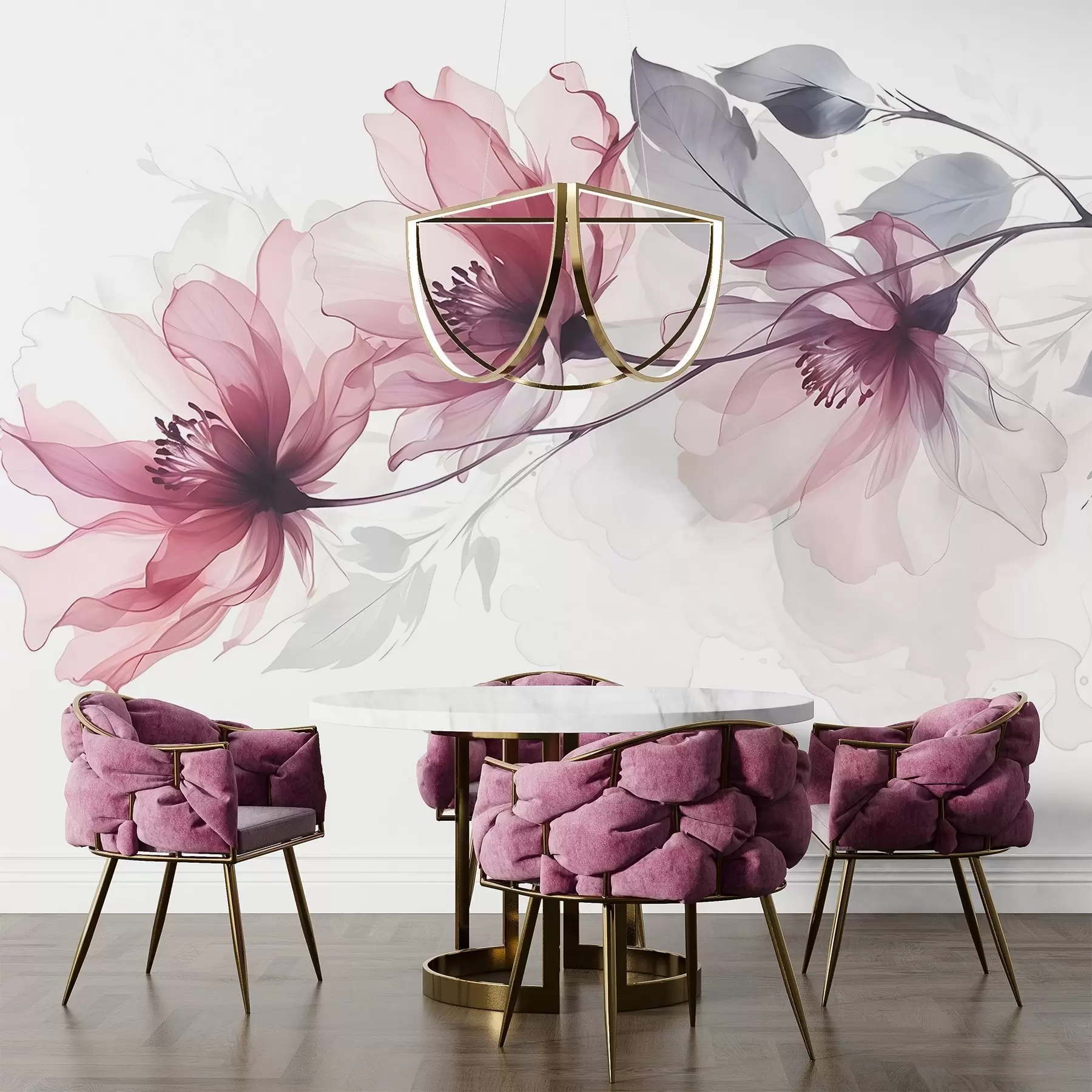 murales de pared Delicadas flores transparentes rosas y grises con pétalos suaves y difuminados sobre fondo blanco w08429