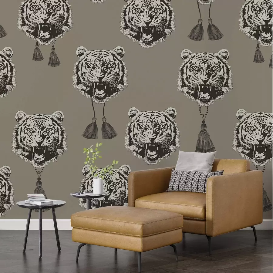 murales de pared Cara de tigre en gris y ribete beige w02245v4