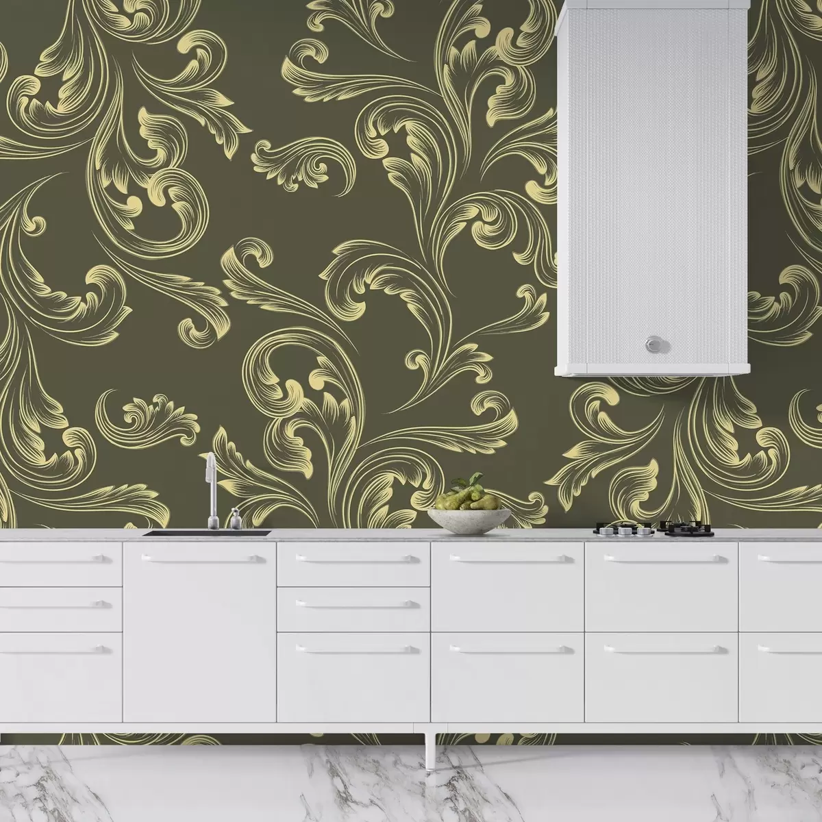 murales de pared Damasco, ornamento monograma, tinte verde w02247