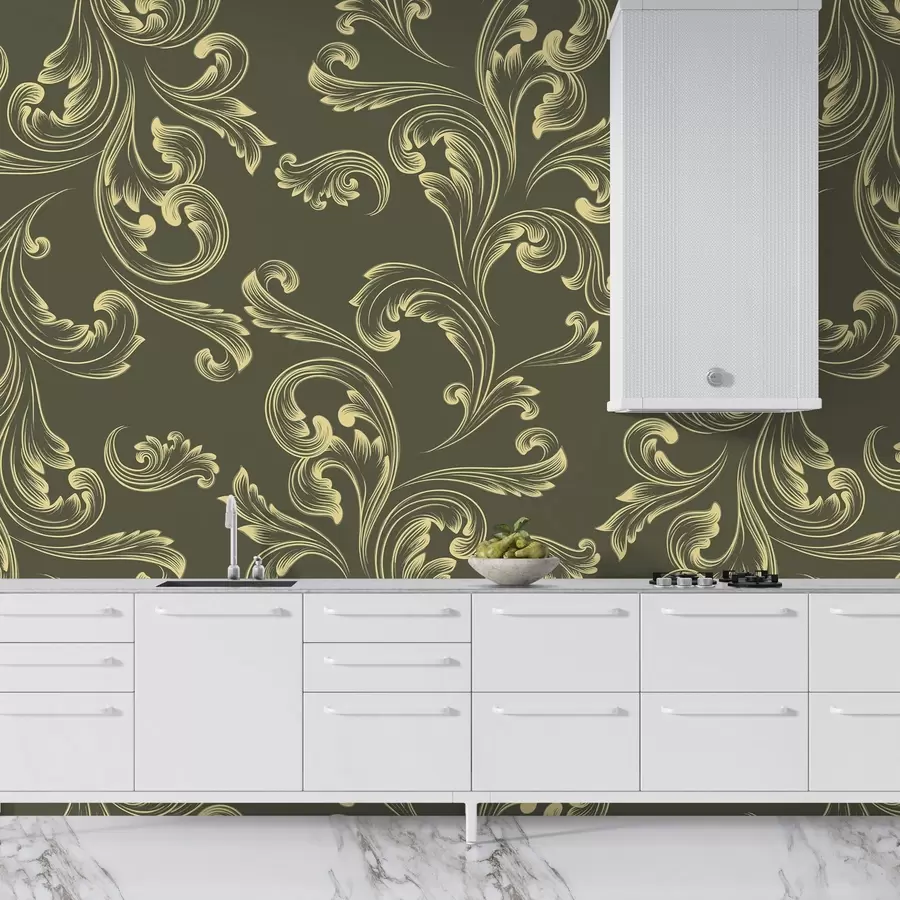 murales de pared Damasco, ornamento monograma, tinte verde w02247