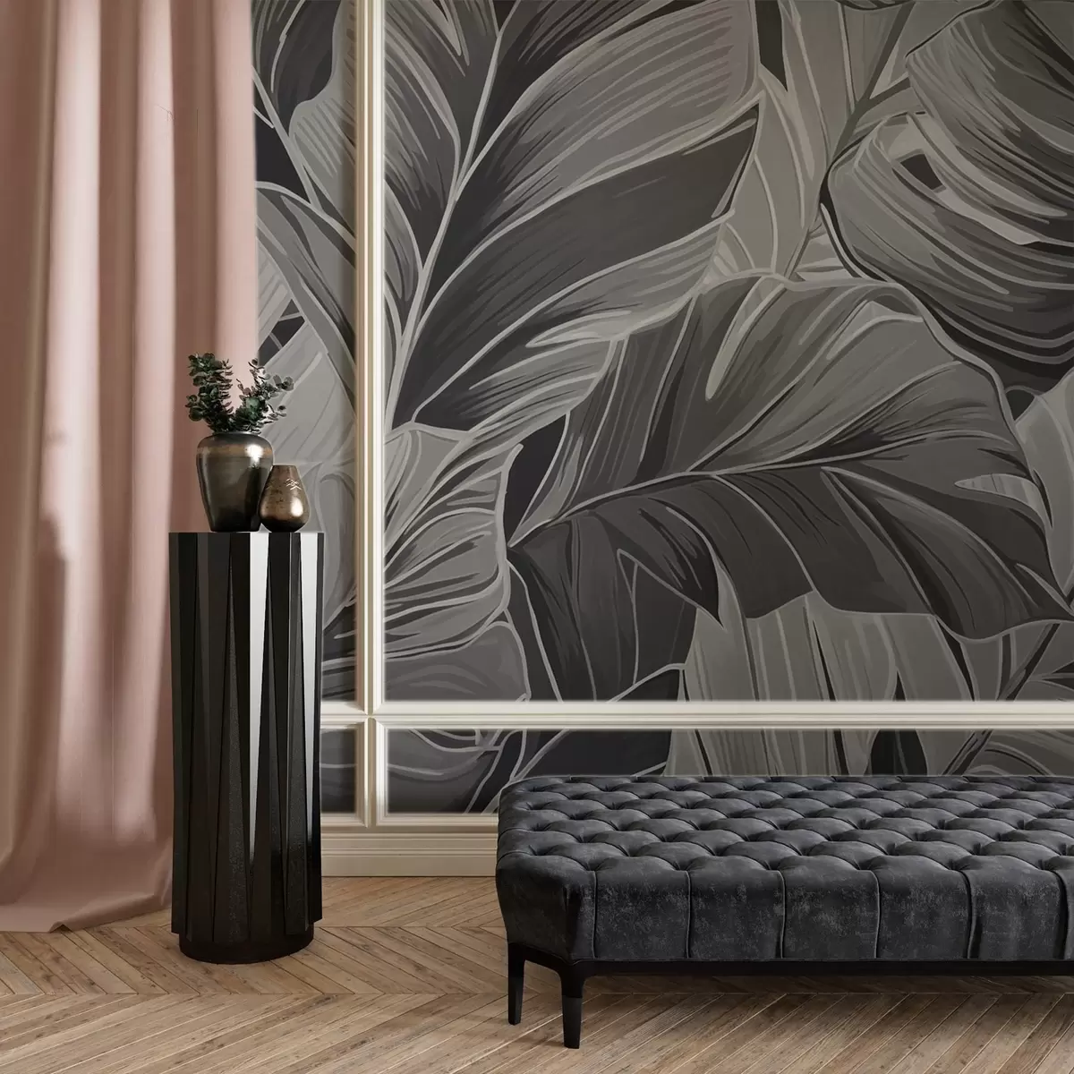 murales de pared Follaje tropical monocromo en blanco y negro w02261