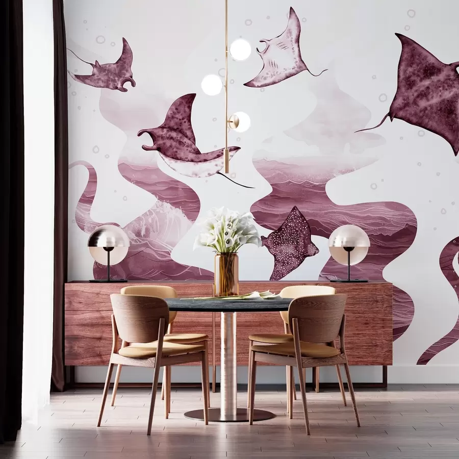 murales de pared Pez manta raya, estilo acuarela, mar, océano, colores rosas w02266v3