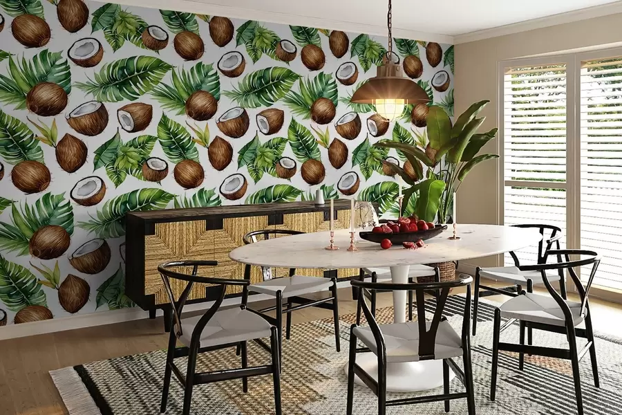 murales de pared estampado tropical con cocos y hojas w02293