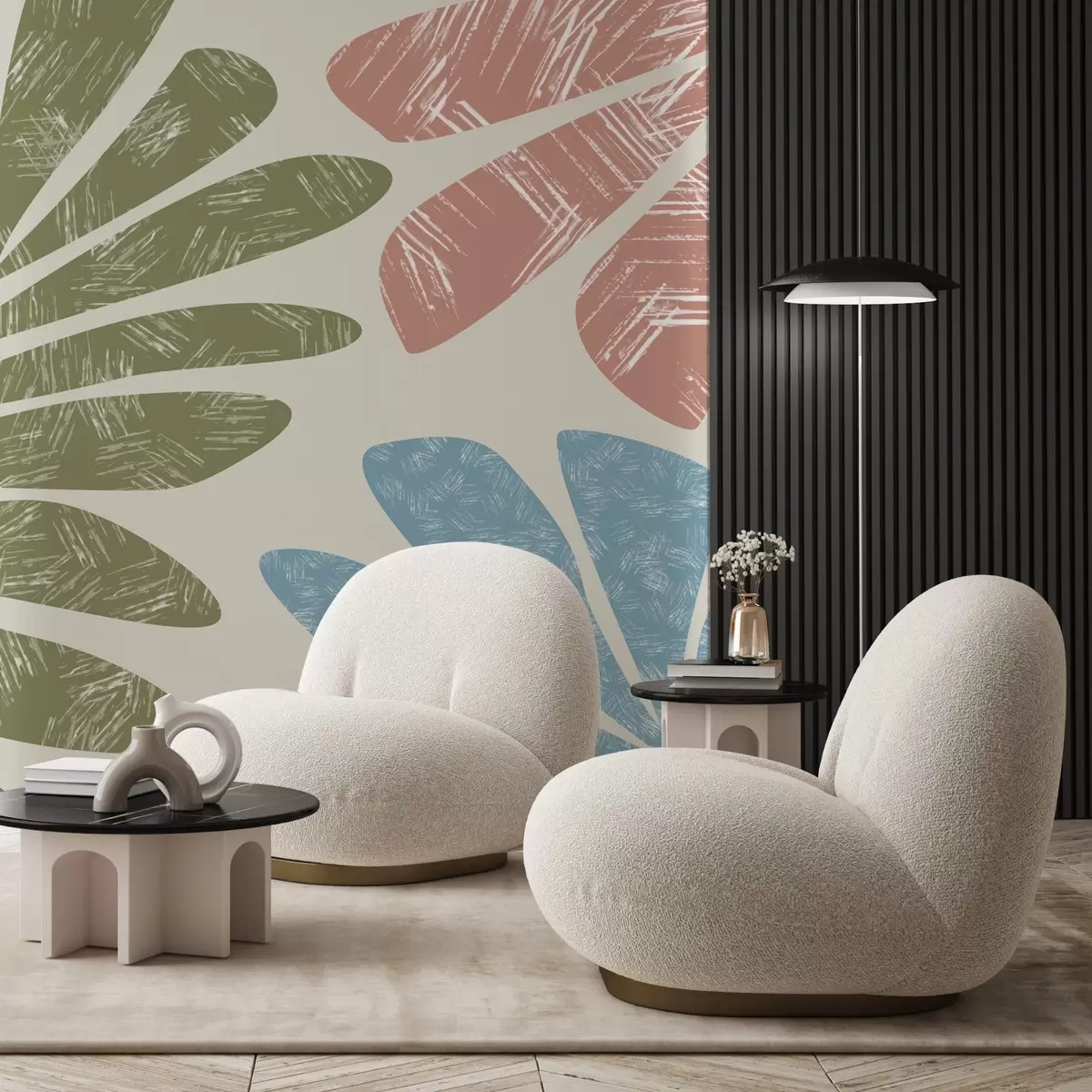 murales de pared Silueta de ramas frondosas con textura, verde, rosa, azul w02333v1